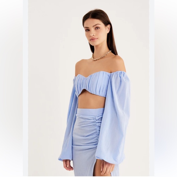 NWT $239 Revolve Rumer The Label Blue Linen Resortwear Camille Crop - S - Picture 2 of 8